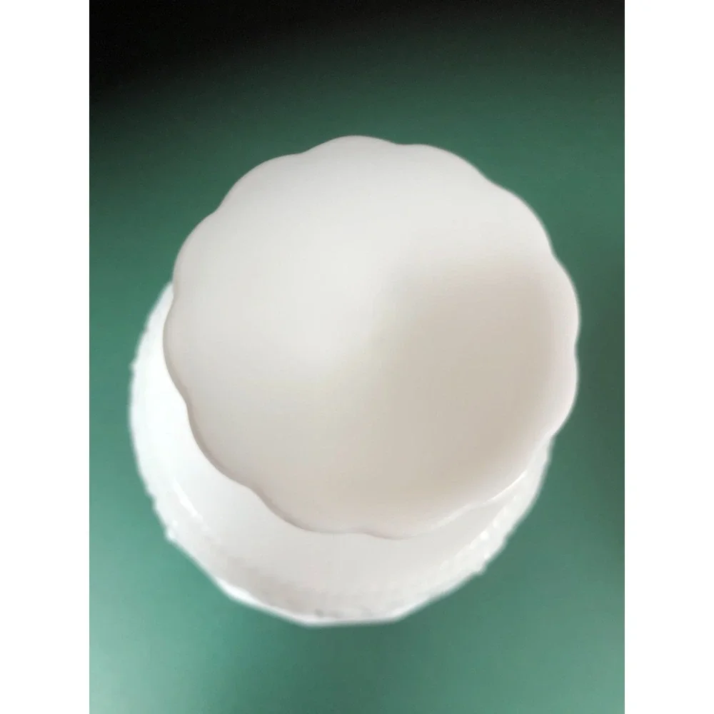 Vintage Milk Glass Pedestal Compote Candy Bowl Scalloped Rim Embossed Floral